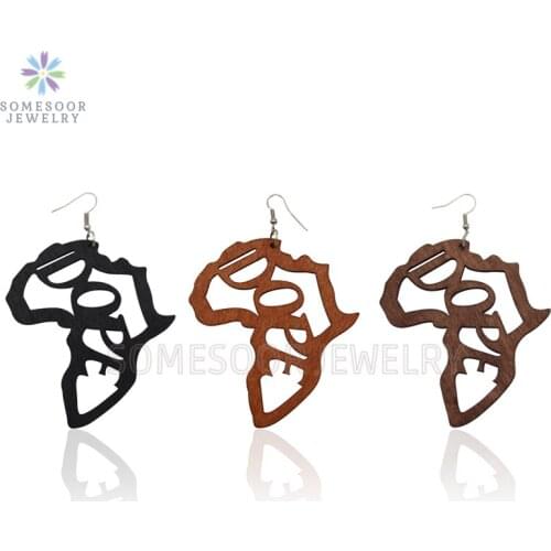 SOMESOOR African Map Dope Wooden Drop Earrings Laser Engraved Wood Pendant Vintage Big Wood Loops Dangle Jewelry For Women Gifts
