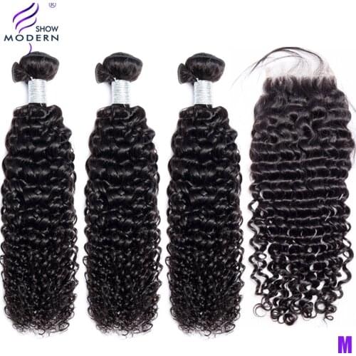 Modern Show Middle Radio Remy Kinky Curly Hair Weave Extensions 3 Bundles With 1pc 4×4 Lace Closure Malaysian Human Hair Wefts
