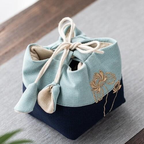Chinese Style Teacup Storage Bag Cotton And Linen Embroidery Bag Portable Teapot Bowl Travel Cloth Bag With Rope Cup Bag LB443