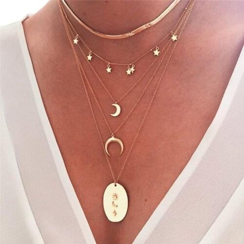 Bohemian Star Crescent Moon Pendant Necklace Boho Gold Color Layered Necklaces for Women Girl Collar Choker Jewelry