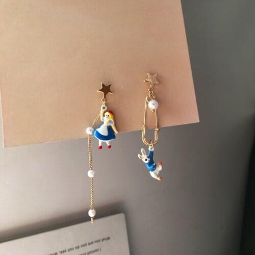 Cute Cartoon Girl Fairy Tale Rabbit Alice Enamel Earring Asymmetric Stud Earrings Dream Bunny Fun Women jewelry