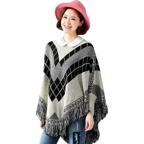 Poncho European American New Sweater Women Loose Bat Sleeve Shawl Fringed Cape Coat Big Yards Hedging Jumper Vestidos LXJ189
