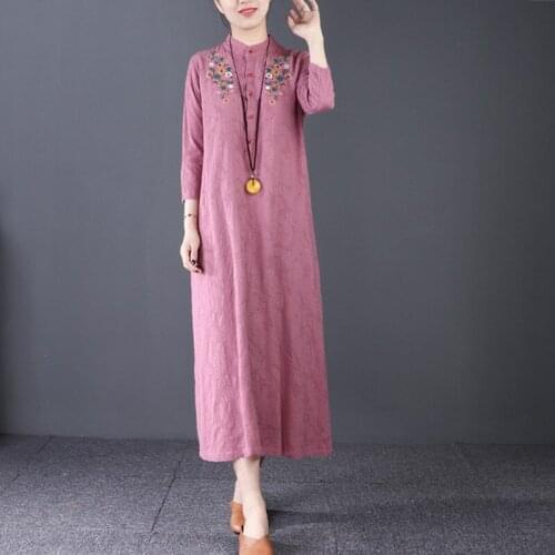 Wen Yifan ethnic style womens embroidered long sleeve cotton and linen dress loose medium and long 2019-pack