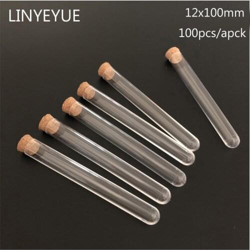 100pcs/lot 12*100mm Clear Plastic Test tube with Cork Transparent Test-tube