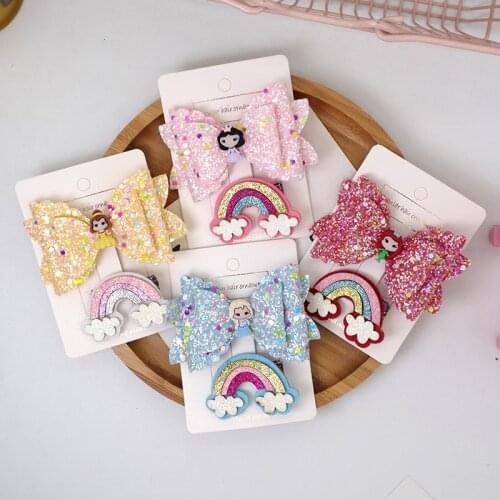 2 Pcs New Children Simple Cute Cartoon Princess Rainbow Sequins Bow Duckbill Clip Fashion Sweet Girl Hairpins Hair Accessories