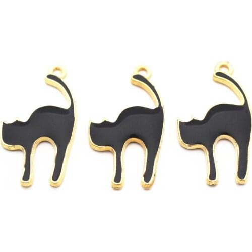 20pcs/lot Metal Halloween Dangle Charms Enamel Gold Plating Black Cat Lobster Clasp Charms Fit DIY Bracelet Jewelry Making