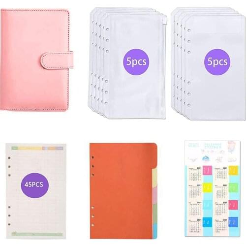 62 Pieces Budget Binder A6 PU Leather 6 Ring Binder with 10pcs Binder Envelope Zipper Pouches & Label Stickers & 45pcs A6 Paper