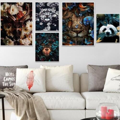 Flower Animal Lion Tiger Deer Leopard Abstract Canvas Painting Wall Art Nordic Print Poster Decorative Picture Living Room Decor