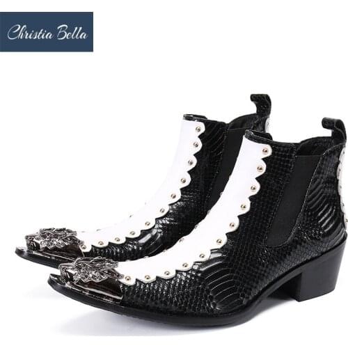 Christia Bella Designer Rivets Metal Pointed Toe Men Chelsea Boots Genuine Leather High Heel Men Boots Party Motorcycle Boots