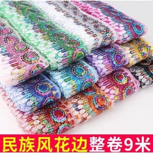 Long strip embroidery ethnic style Sequin decoration lace color bar code lace clothing accessories Sequin lace 9m
