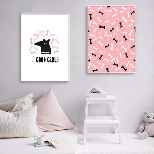 Good Girl Cute Animal Canvas Painting Pink White and Black Cartoon Bone Nursery Wall Art Prints Posters for Baby Room Home Decor