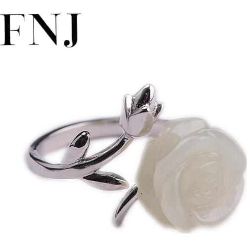 FNJ 925 Silver Ring Adjustable Size 100% Original Real S925 Solid Silver Rings for Women Jewelry Natural Hetian Jade Rose Flower
