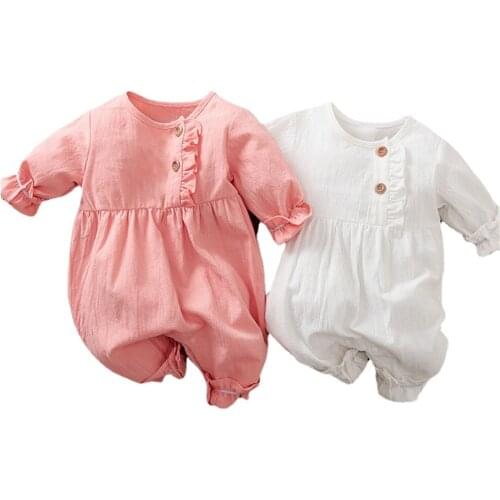 Newborn Spring Summer Baby Girl Sleepwear Twins Newborns Solid Pink Ruffles Cotton Babys Rompers Jumpsuit For Kids Girls