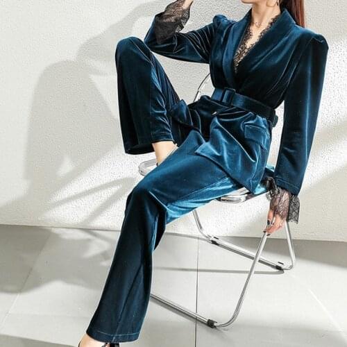 ZAWFL High Quality Korean Women 2 Piece Set 2021 Runway Autumn Winter OL Lace Velvet Suit Formal Jacket Coat+Slim Long Pant Suit