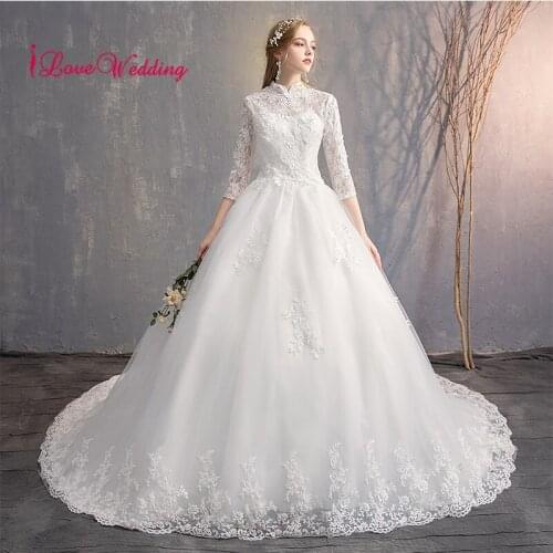 ILoveWedding High Neck 3D Lace Applique Custom made Three Quarter Long Sleeves Court Train Bridal Wedding Dresses
