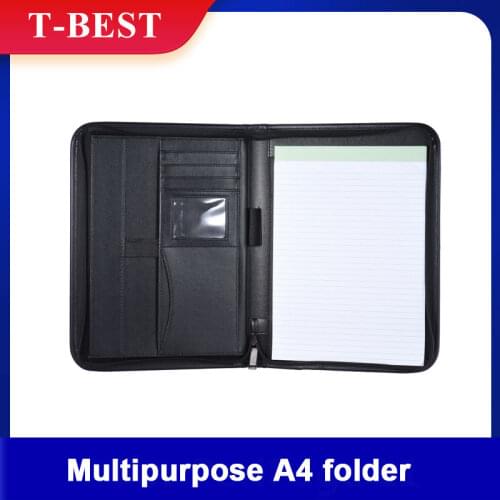 A4 PU Leather Zippered Closure Multifunctional Padfolio Professional Business Portfolio Folder Document Case Organizer