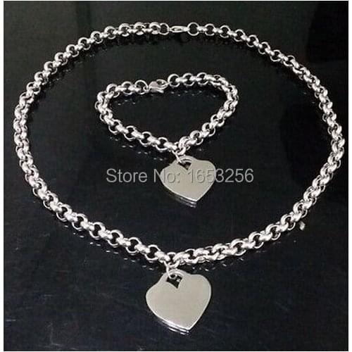 NEW Fashion Womens Stainless Steel with Heart Charm Round Rolo Chain Necklace + Bracelet Jewelry Set