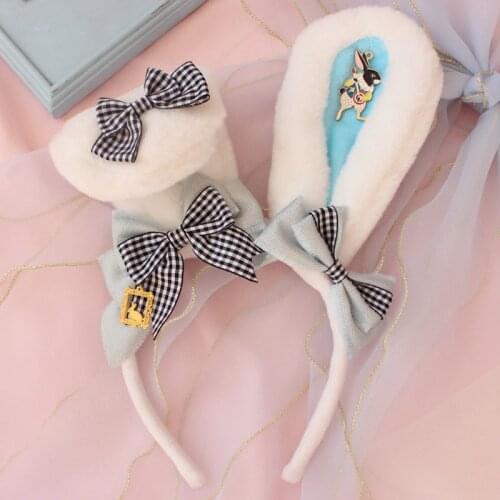 Original hand-made Gemini lolita gray blue rabbit ear headband soft sister black and white rabbit ear KC