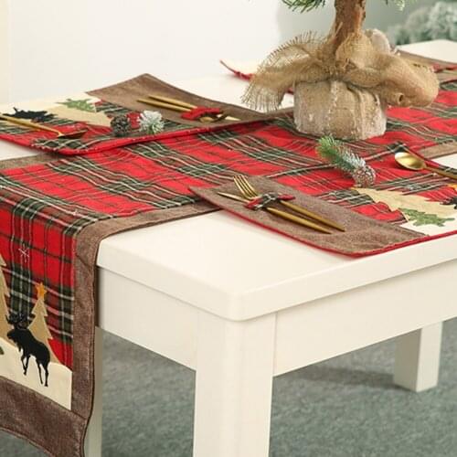 Christmas decor 2021 fabric Cloth xmas Plaid Tree Elk Pattern Table Mat Pad Placemat Home Dining Decoration washable non-fading