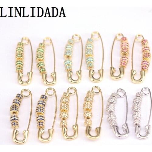 3Pairs New Colorful CZ Micro Paved Safety Pin Earrings With Floating Beads, Safety Pin Earrings, Womens Daint Earrings