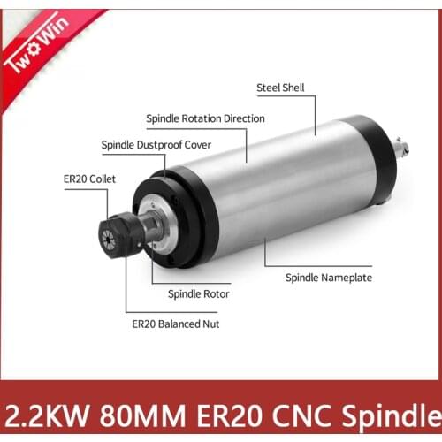 2.2KW 80MM ER20 cnc Spindle Motor 24000rpm 220v AC Spindle 4 Bearing Machine Spindle Water Cooling Engraving Milling Spindle