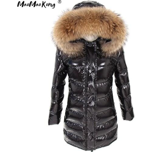 Women Winter Jacket ParkasMAO MAO KONG Long Down Lined Natural Raccoon Fur Collar Jacket Coat