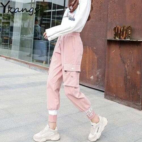 High Waist Pink Pants Streetwear Women Casual Pants Pockets Cool Autumn Bottom Korean Pants Lasdies Patchwork Pencil Sweatpants