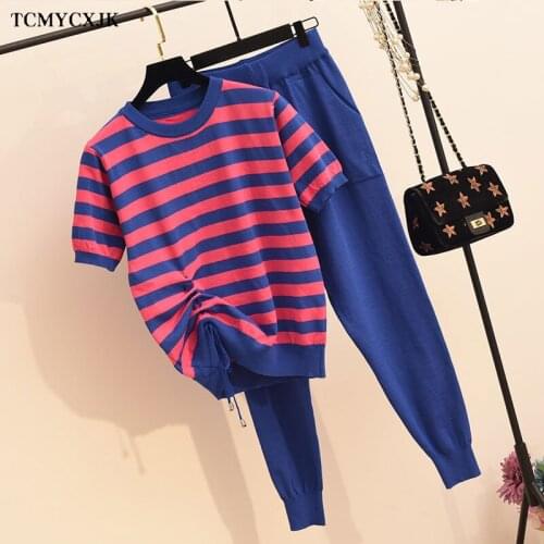 2021 Womens Two-piece Suit Sexy Women Summer Striped Stitching Drawstring Short-sleeved Knitted Pants Suit Female Casual Suits