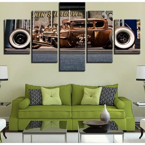 5 Panel Canvas Painting Old Vintage Hot Rod Car Wall Art Painting Modular Wallpapers Poster Print for living room Home Decor
