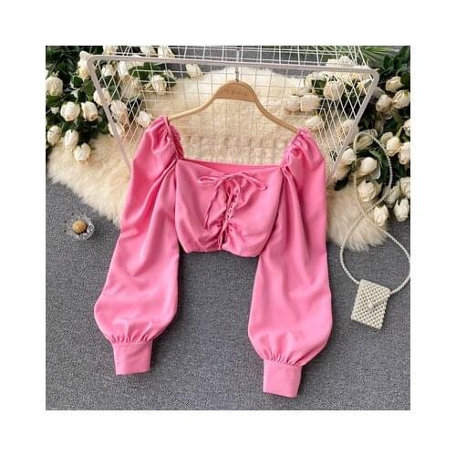 New Fashion Elegant Shirts Blouse Womens Retro Solid Color Square Collar Long Sleeve Palace Short Tops Lady