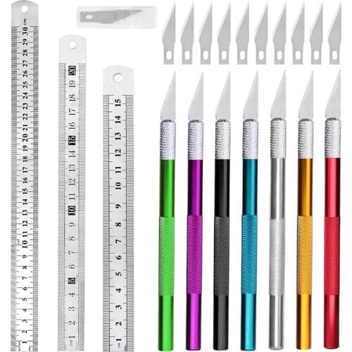 RORGETO Carving Tool Carving Knife Precision Ruler Scalpel Knife Non-slip Cutter Measuring Ruler Metal Scale for Leather Cutting