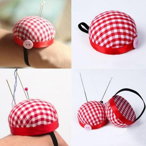Red Plaid Grids Needle Sewing Pin Cushion Wrist Strap Tool Button Storage Holder