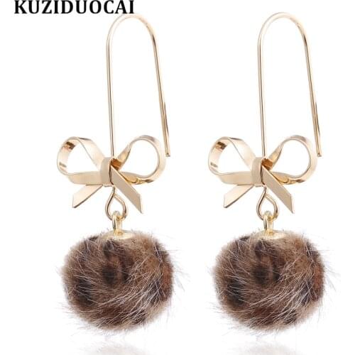 Kuziduocai New Fashion Jewelry Bow-knot Leather Dangle Plush Ball Speckle Veins Statement Drop Earrings For Women oorbellen 1860