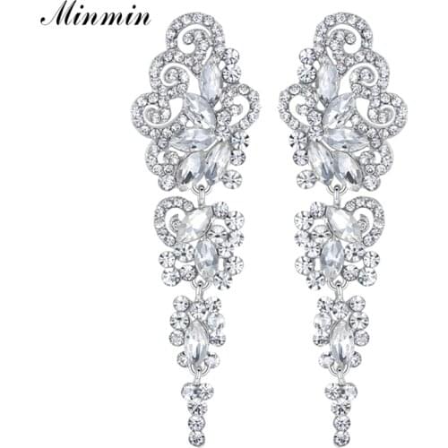Minmin Floral Crystal Long Bridal Earrings for Women Luxury Wedding Engagement Drop Dangle Earrings Fashion Jewelry EH295