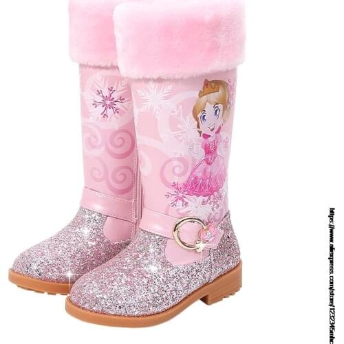 Fashion New Elsa High Boots Girls Mid-heeled Autumn And Winter Warm Children Sequins Snow Boot Frozen Boots Gift