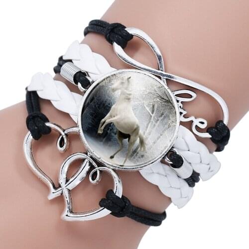 Trendy Horse Photo Glass Cabochon Black White Multilayer Leather Charm Bracelet For Women Heart Infinity Bracelets Gifts