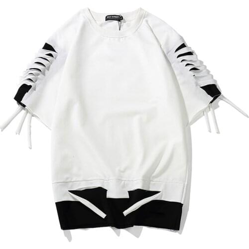 Men hip hop punk hiphop t shirt patchwork ripped hole streetwear women summer couple casual tees tops fake two piece clothes