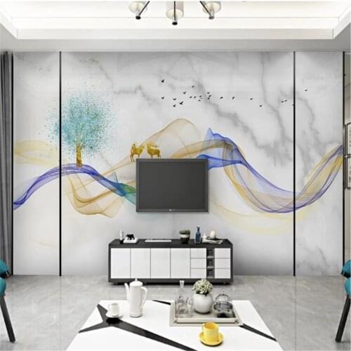 Milofi New Chinese Abstract Hand-painted Line Artistic Conception Jazz White Landscape Marble Background Wall Paper Mural
