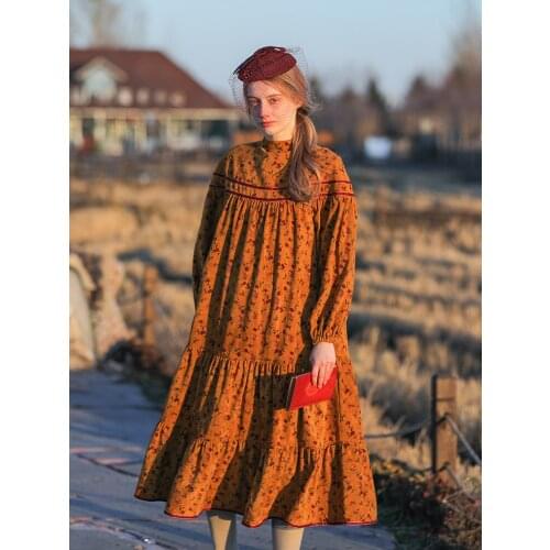 Spring Autumn Winter Dress Women Mori Girls Floral Cotton Corduroy Midi Dress Long Sleeve Casual Loose Ruffles Sweet Long Dress