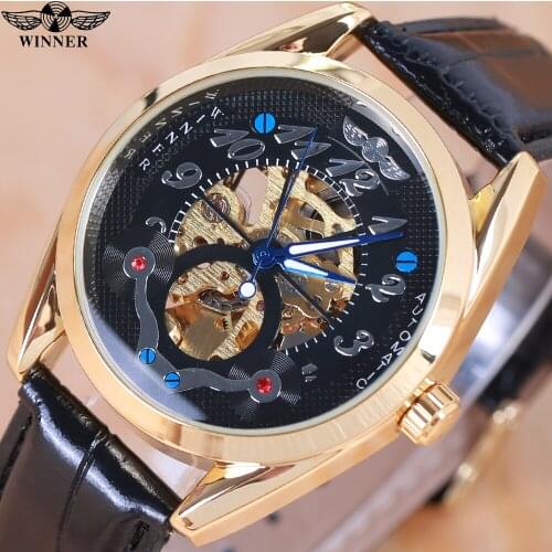 Winner 2021 Male Wrist Watch Luxury Skeleton Mens Watches Top Brand Luxury Automatic Watch Small Dial Golden Case Fashion Casual
