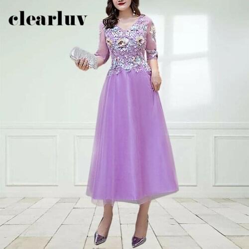 Purple Plus Size Evening Dress DR1005 Elegant Appliques Beading Luxury Robe De Soiree Sexy V-neck Half Sleeve Evening Gowns Long
