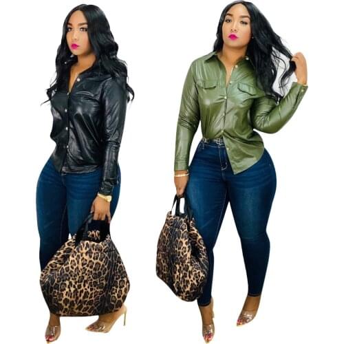 Women Autumn Winter Pu Long Sleeved Shirt Black All-match Top Turn Down Collar Matching Pockets Fashion Streetwear Blouses Green