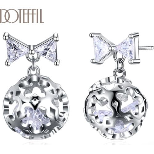 DOTEFFIL 925 Sterling Silver Hollow Spherical Bow AAA Zircon Earrings Charm Women Jewelry Fashion Wedding Party Gift