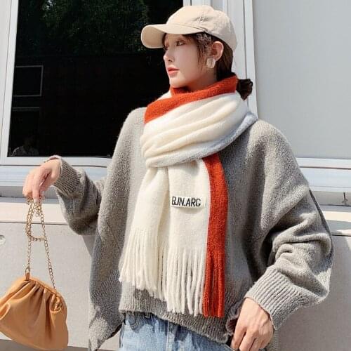 Wholesale New Korean Color-blocking Knitted Scarf for Women Thickened Warmth Tassel Wool Scarf Mid-length Autumn Winter Shawl