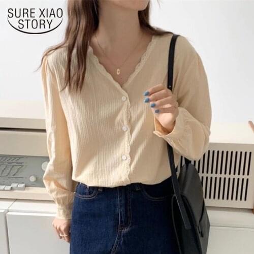 V-neck Lace Blouse Long Sleeve Puff Sleeve Women Blouse 2021 Spring Autumn Elegant Korean Tops Loose OL Chemisier Femme 11190