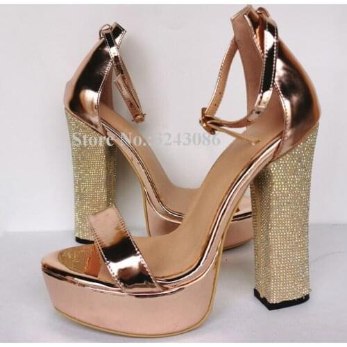 New Rose Gold Platform Chunky Heel Sandals Women Fashion Peep Toe Ankle Strap Crystal Weding Sandals Lady Real Photos Sandals