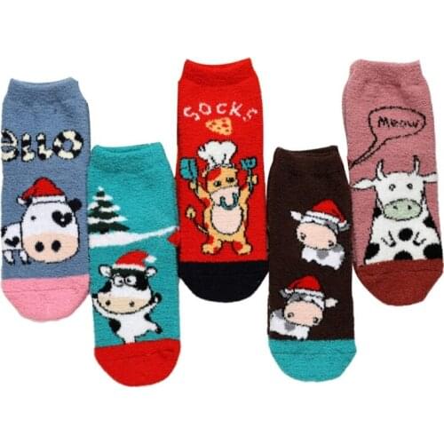 Women Cute Cartoon Milk Cow Print Fuzzy Slipper Socks Winter Thick Warm Coral Velvet Kawaii Cozy Floor Sleeping Hosiery
