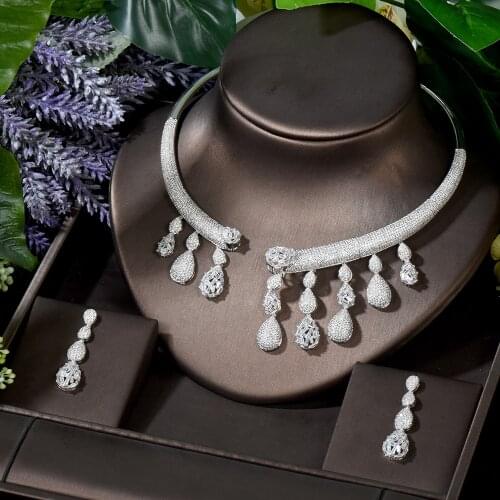 HIBRIDE 2pcs Water Drop Bridal Zirconia Jewelry Sets For Women Party Luxury Nigeria Dubai CZ Crystal Wedding Jewelry Sets N-1724
