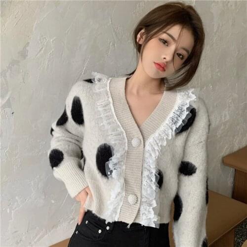 High Quality Fashion Designer Ruffles Mesh Stitching Cardigan Long Sleeve Single Breasted Contrast Color Button Knitted Sweaters
