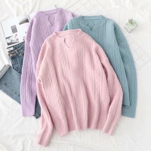 Retro pullover twist V-neck sweater women autumn/winter new loose Korean style lazy style long-sleeved sweater bottoming shirt